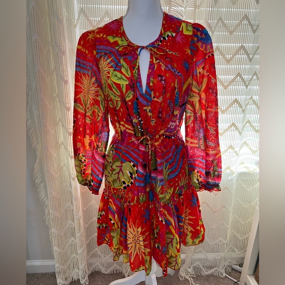 Farm Rio Printed Dress Red Size Small Short Beaded Cotton - Picture 4 of 10